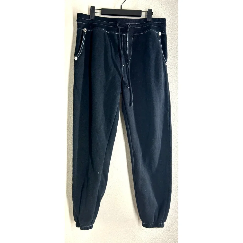 True Religion Sweatpants MEDIUM Black White Big T Contrast Stitch Joggers Y2K